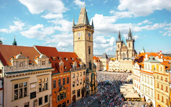 Old Town Square with Astronomical Clock and Tyn Church, Prague.