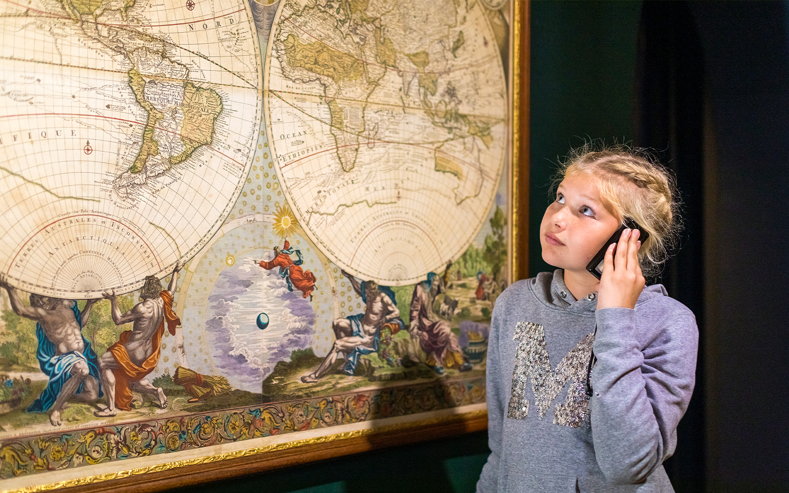 Maps exhibit at The National Maritime Museum showcasing historical maritime navigation tools.