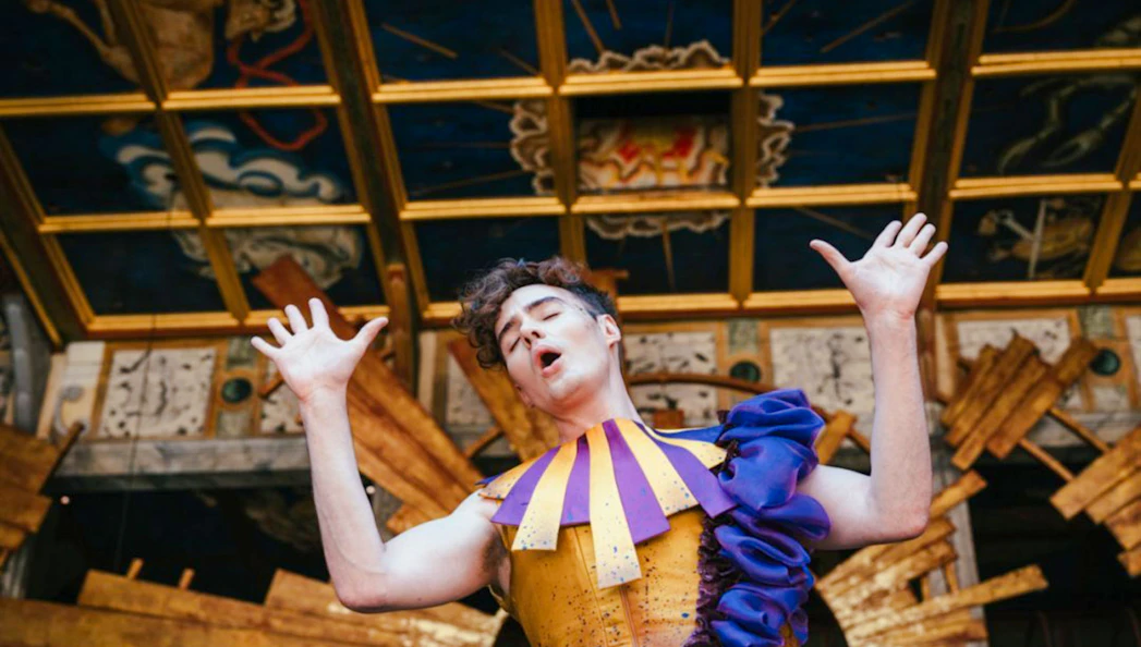 Performer in colorful costume during Twelfth Night, or What You Will at a theater.