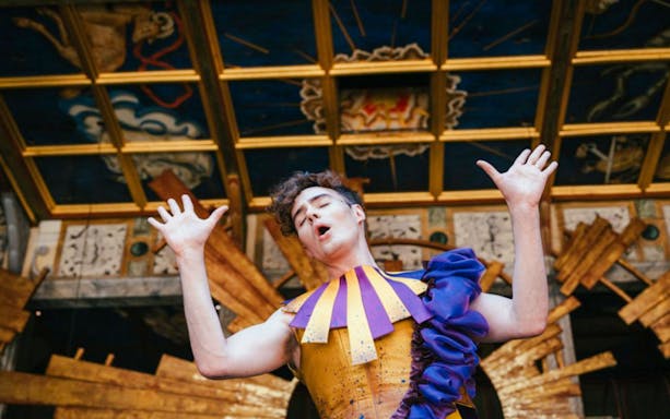 Performer in colorful costume during Twelfth Night, or What You Will at a theater.