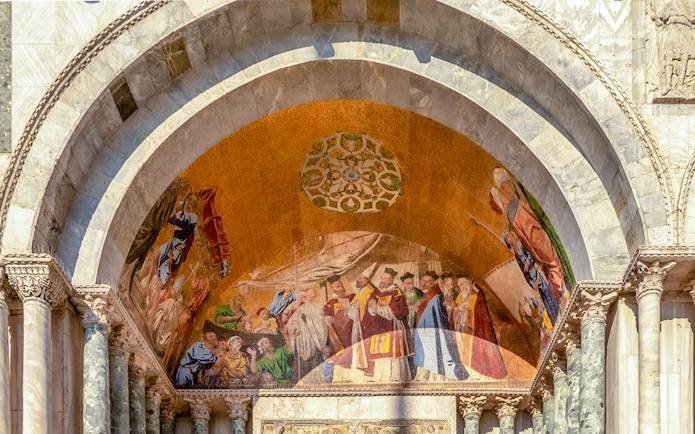 Mosaic detail above entrance of St. Mark's Basilica, Venice, Italy.