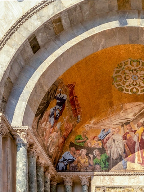 Mosaic detail above entrance of St. Mark's Basilica, Venice, Italy.