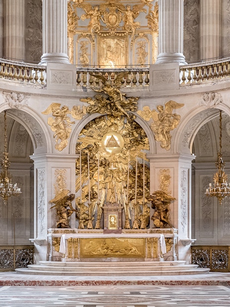 Royal Chapel altar with ornate gold detailing in Versailles Palace, France.