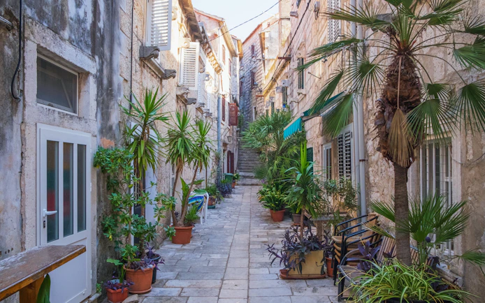 Romantic narrow street with stone buildings and potted plants in Pelješac, Dalmatia, Croatia.