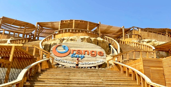 Orange Bay entrance with wooden stairs on Giftun Island National Park.