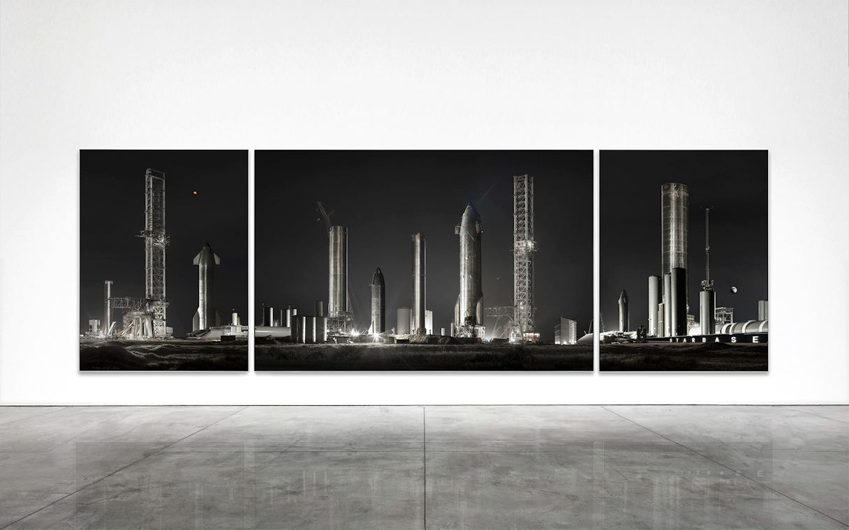 Triptych of futuristic rocket structures at night, related to Singapore Future World Exhibition.