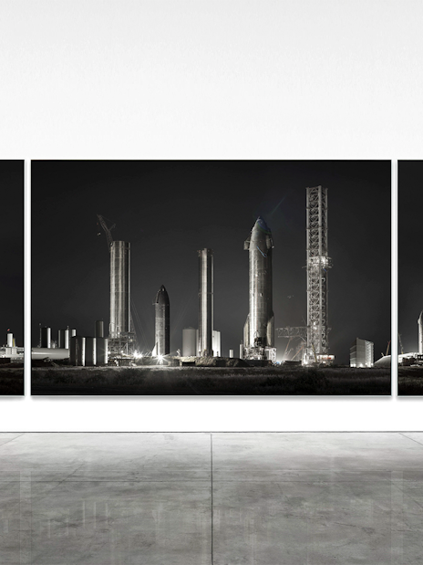 Triptych of futuristic rocket structures at night, related to Singapore Future World Exhibition.