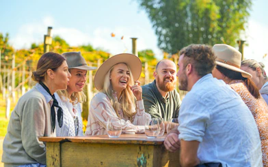 Group enjoying wine tasting at a vineyard on the Gold Coast tour.