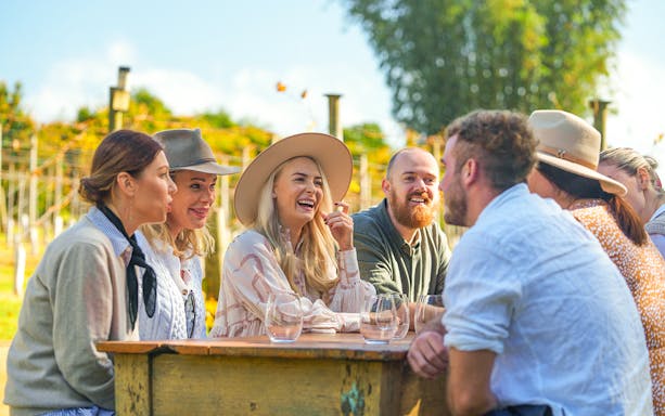 Group enjoying wine tasting at a vineyard on the Gold Coast tour.