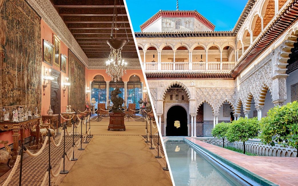 Palacio de las Dueñas interior and Alcázar of Seville courtyard with intricate arches.