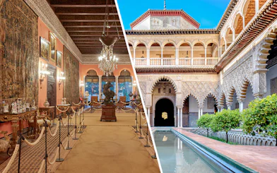 Palacio de las Dueñas interior and Alcázar of Seville courtyard with intricate arches.