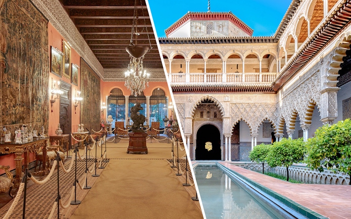Palacio de las Dueñas interior and Alcázar of Seville courtyard with intricate arches.