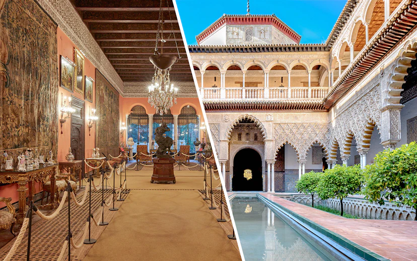 Palacio de las Dueñas interior and Alcázar of Seville courtyard with intricate arches.