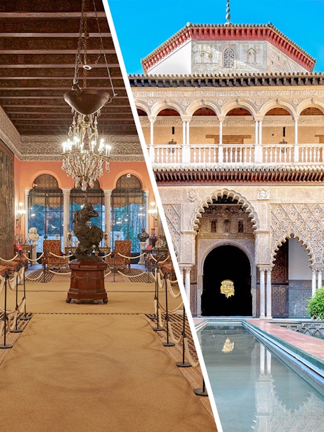 Palacio de las Dueñas interior and Alcázar of Seville courtyard with intricate arches.