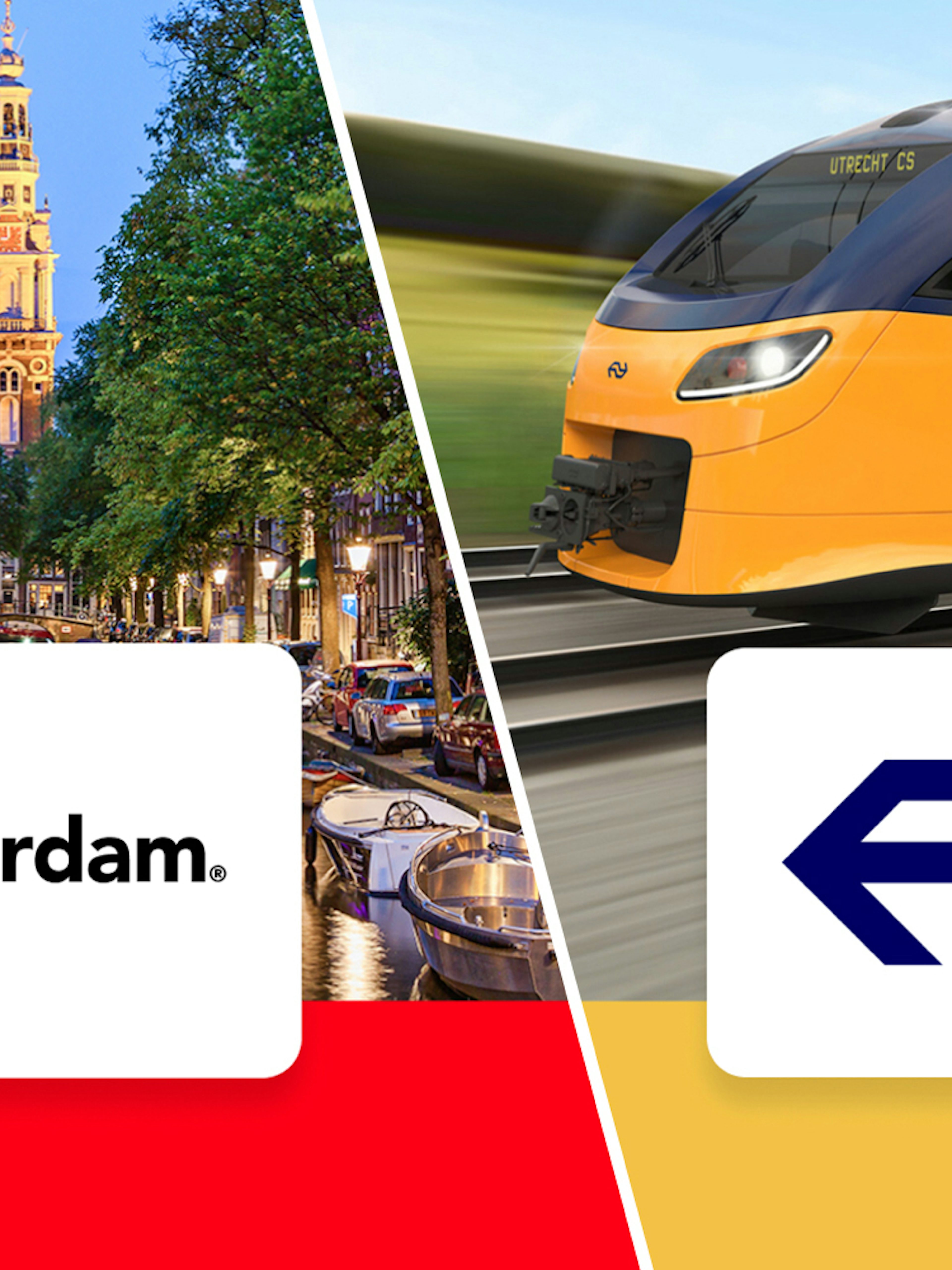 Amsterdam canal view and Dutch train with NS logo.