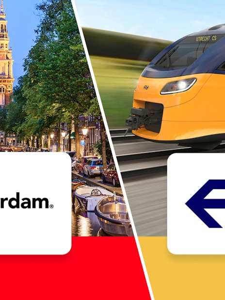 Amsterdam canal view and Dutch train with NS logo.