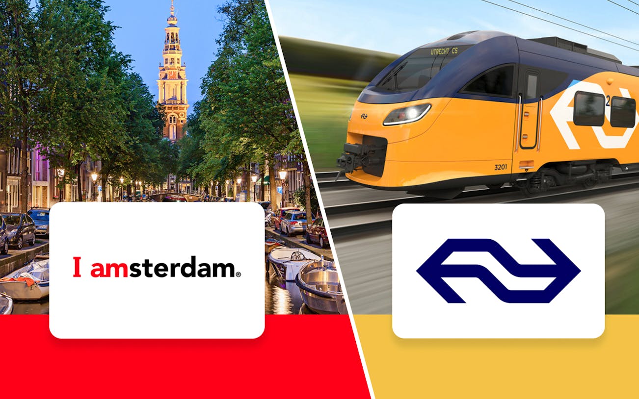 Amsterdam canal view and Dutch train with NS logo.