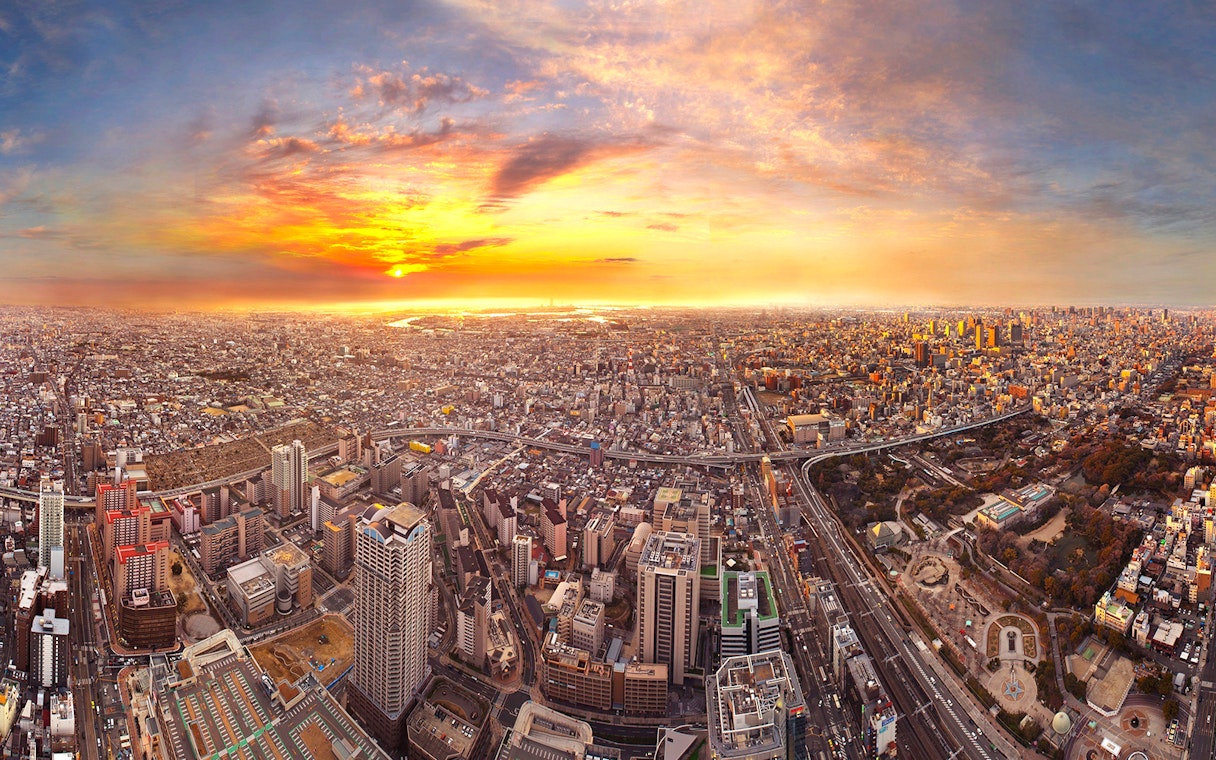 Aerial view of Osaka cityscape at sunset from Harukas 300 Observatory.