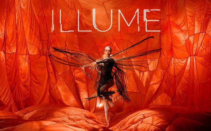 Dancer performing in Illume by Bangarra Dance Theatre against vibrant orange backdrop.