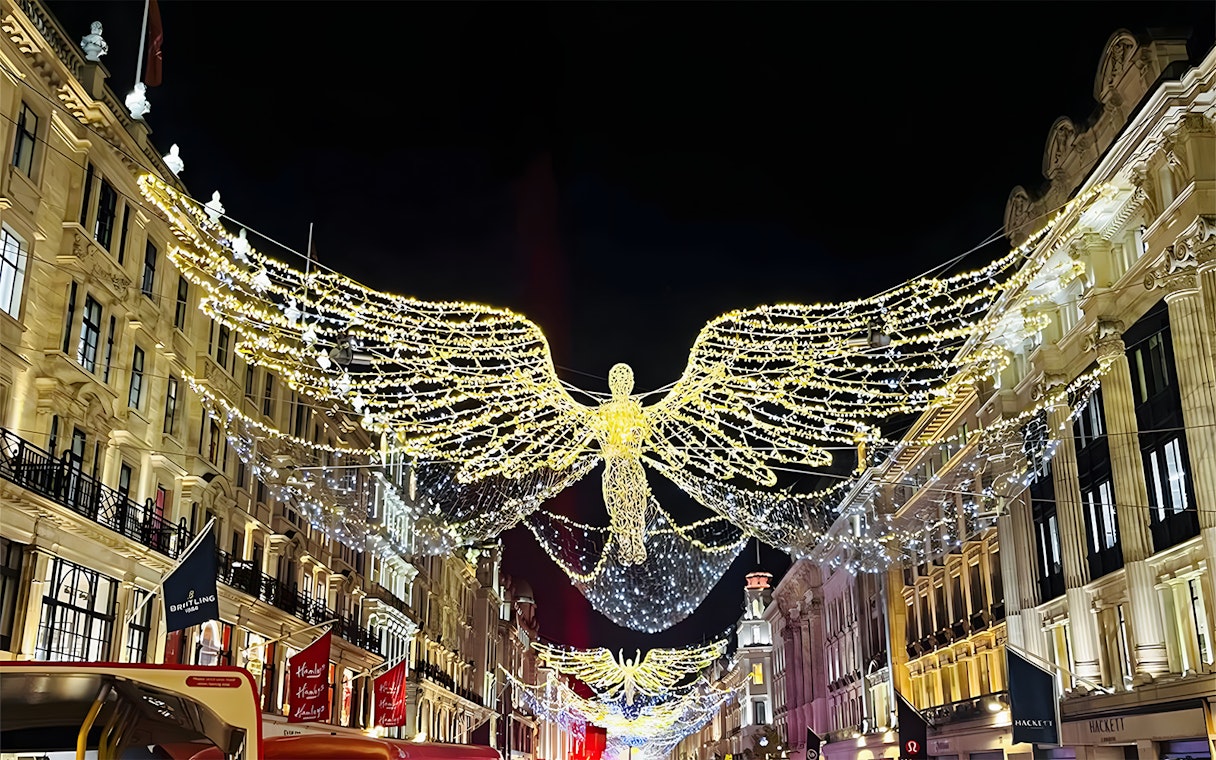 London Christmas lights display with angel decorations on Regent Street.