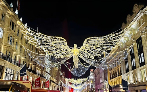 London Christmas lights display with angel decorations on Regent Street.