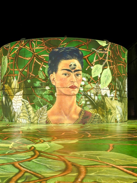 Frida Kahlo artwork projected at Bassins Des Lumieres exhibition, surrounded by vibrant foliage.
