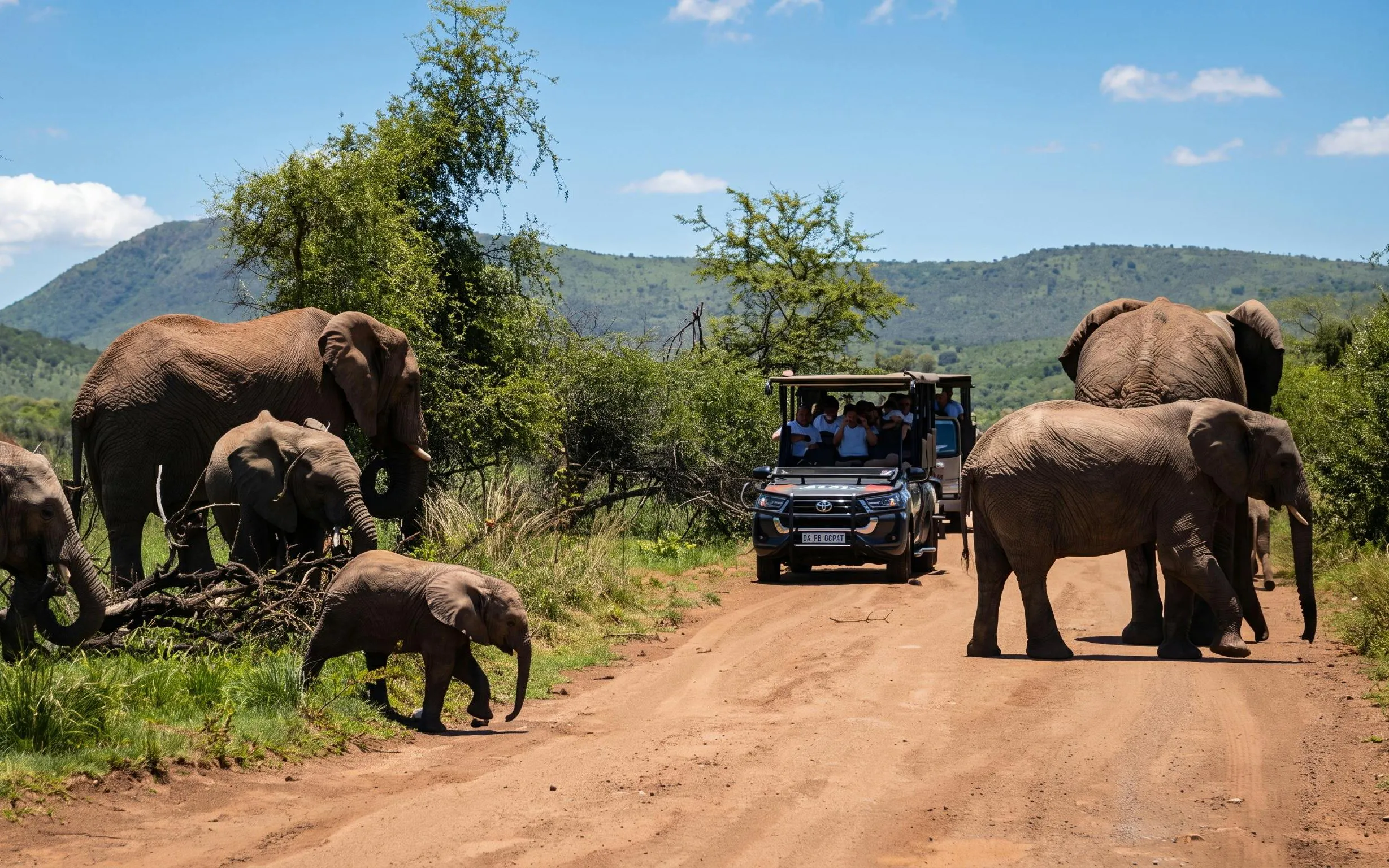 Elephants crossing dirt road near safari vehicle in Pilanesberg National Park.