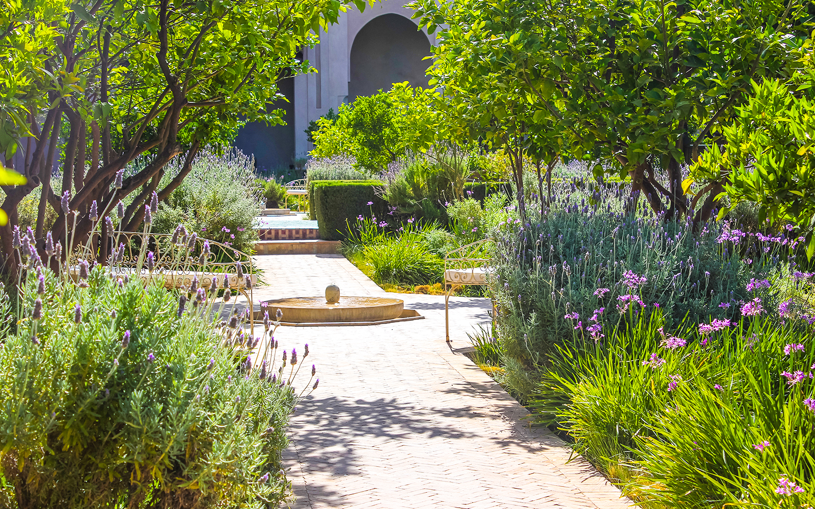 Pathway through lush greenery and fountain at Jardin Secret.