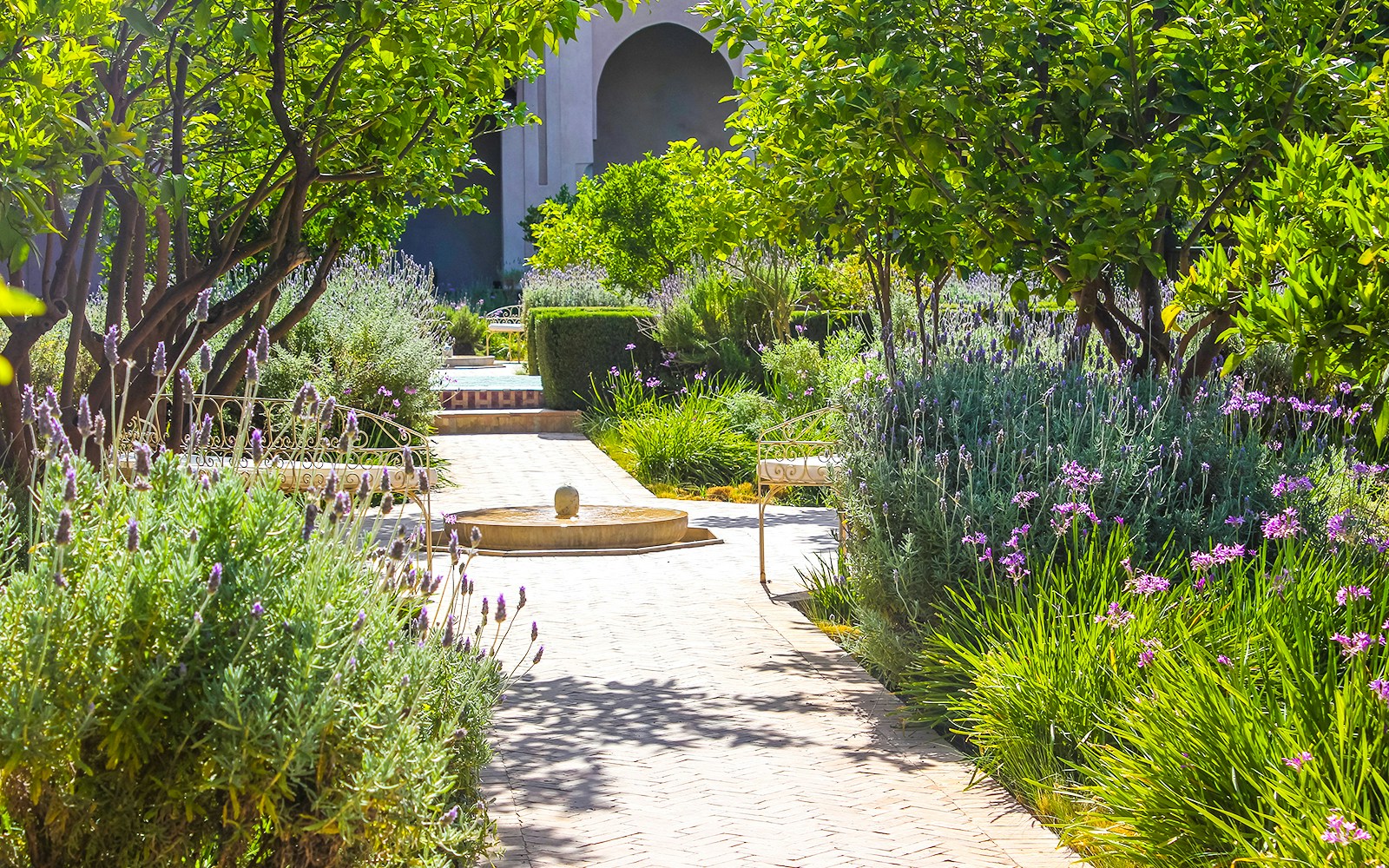 Pathway through lush greenery and fountain at Jardin Secret.