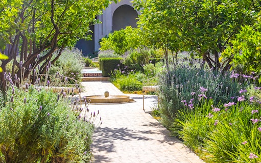 Pathway through lush greenery and fountain at Jardin Secret.