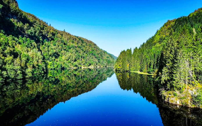 Osteroy Fjord view with lush green forests reflecting on calm water.