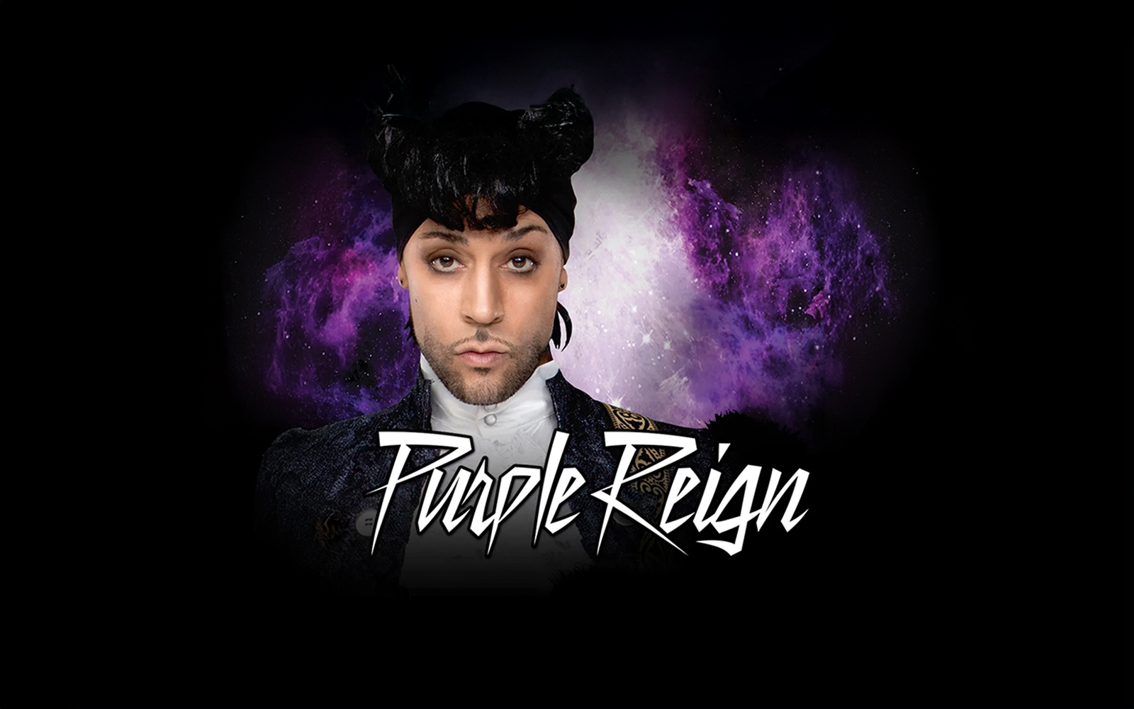 Performer in Purple Reign show with cosmic purple background.