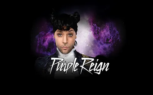 Performer in Purple Reign show with cosmic purple background.