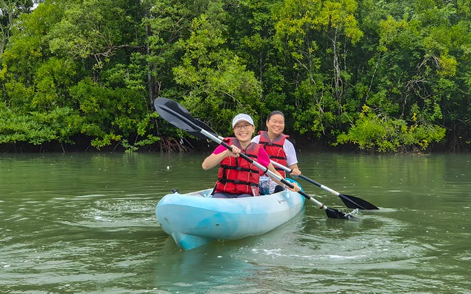 Kayakers paddling through mangroves at Pulau Ubin, Singapore.