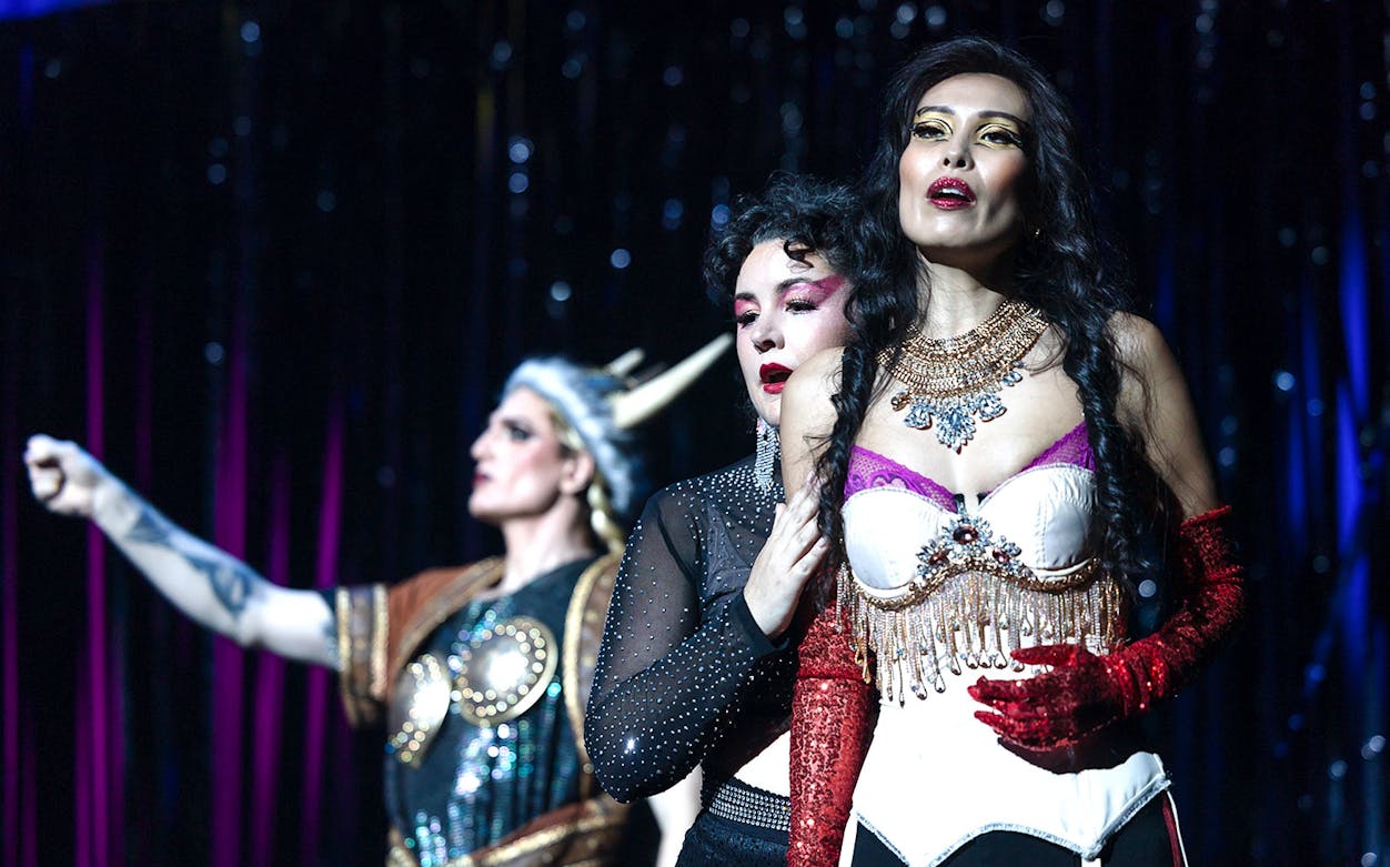 Performers in elaborate costumes at World Pride Opera Up Late, Sydney Opera House.