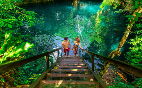 Visitors descending stairs into a cenote in Cancun, surrounded by lush greenery and clear water.