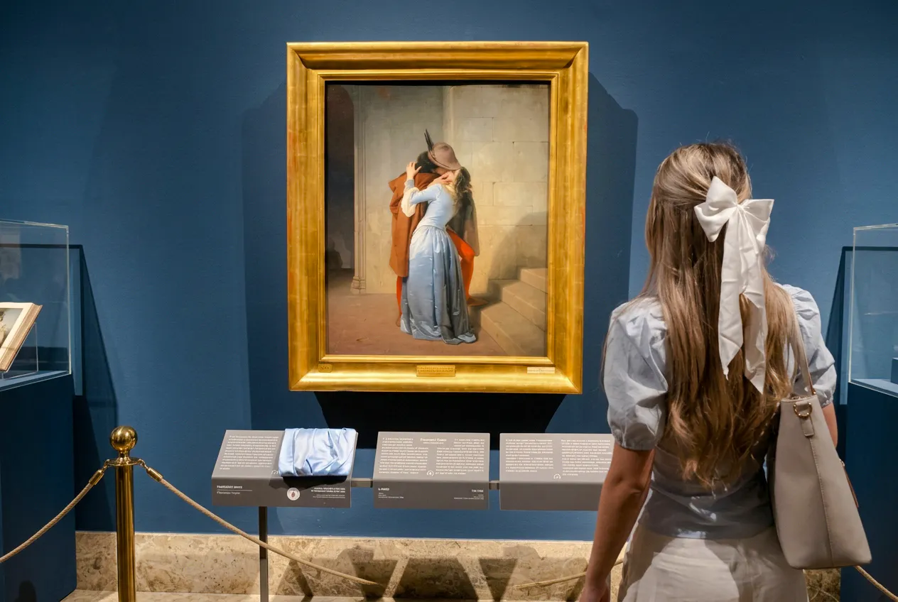 Visitor viewing "The Kiss" painting at Brera Gallery, Milan.