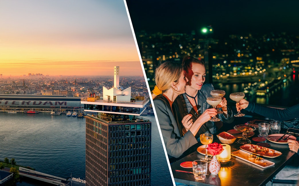 A'DAM Lookout view of Amsterdam skyline at sunset and group dining with cocktails.