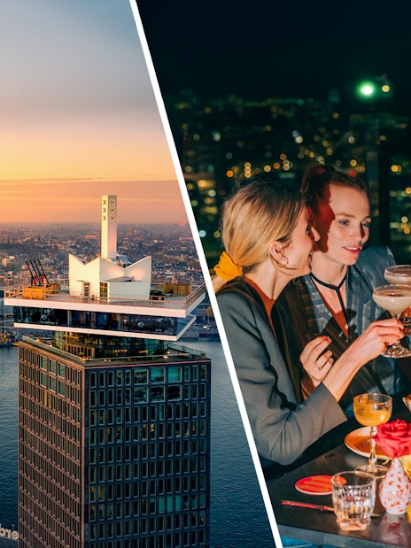A'DAM Lookout view of Amsterdam skyline at sunset and group dining with cocktails.