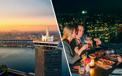 A'DAM Lookout view of Amsterdam skyline at sunset and group dining with cocktails.