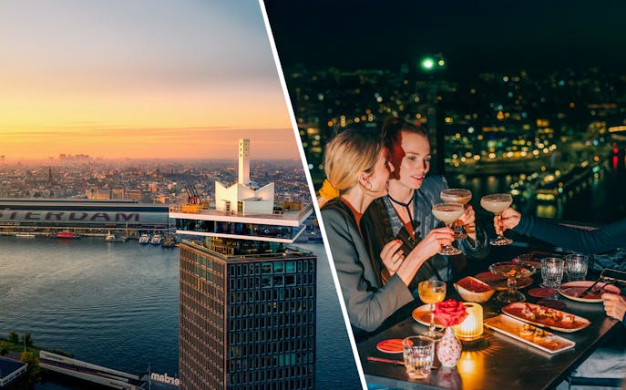 A'DAM Lookout view of Amsterdam skyline at sunset and group dining with cocktails.