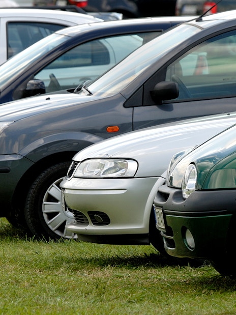 Cars parked on grass at Keukenhof parking area.