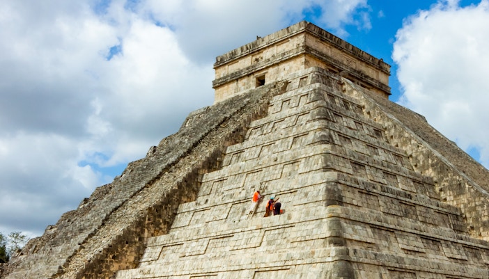 Kukulkan pyramid maintenance work at Chichén Itzá, Yucatan, Mexico.