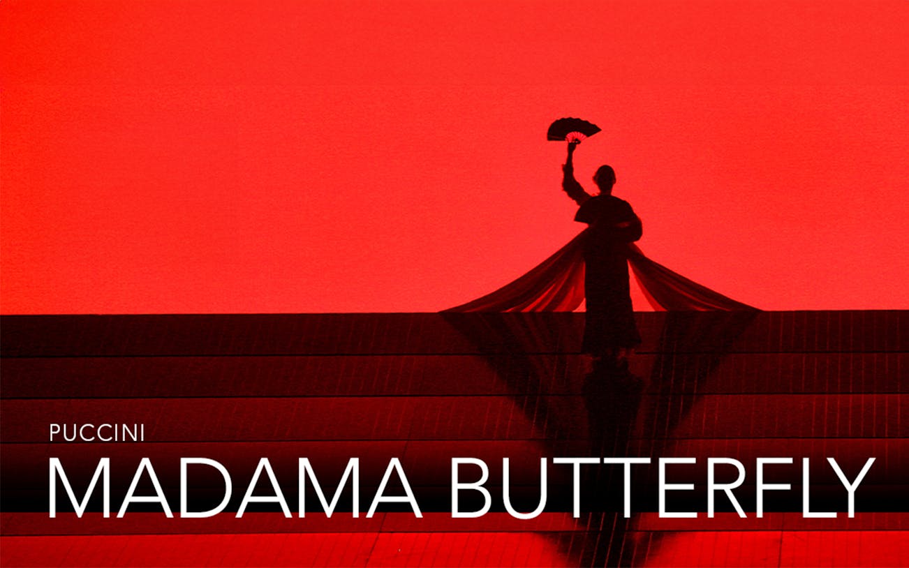 Silhouette of a performer with a fan on stage during Madama Butterfly opera.