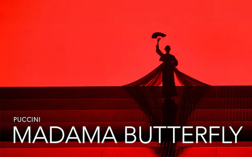 Silhouette of a performer with a fan on stage during Madama Butterfly opera.