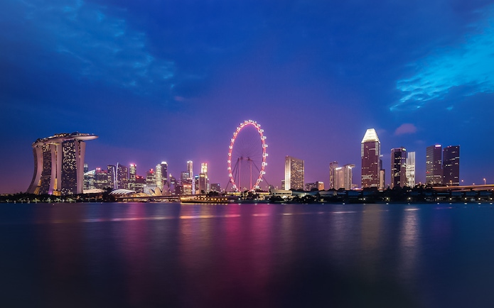 Singapore skyline at night featuring the illuminated Singapore Flyer.