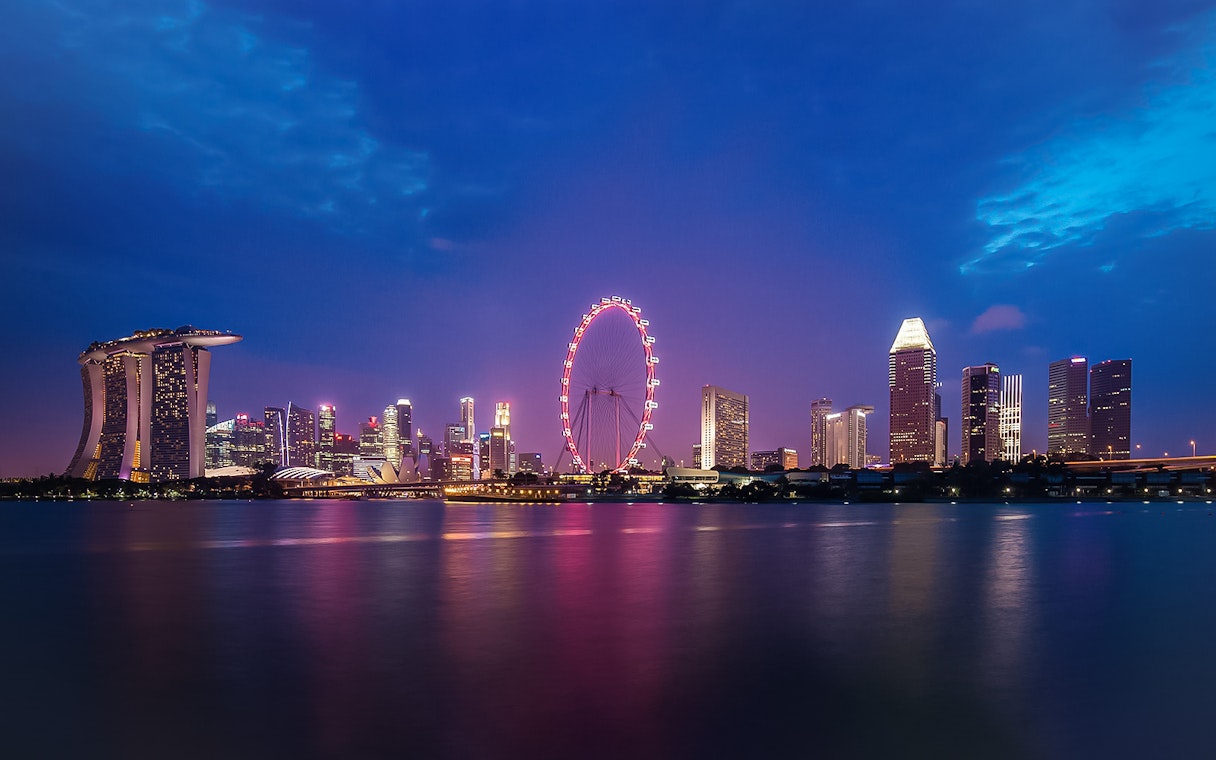 Singapore skyline at night featuring the illuminated Singapore Flyer.