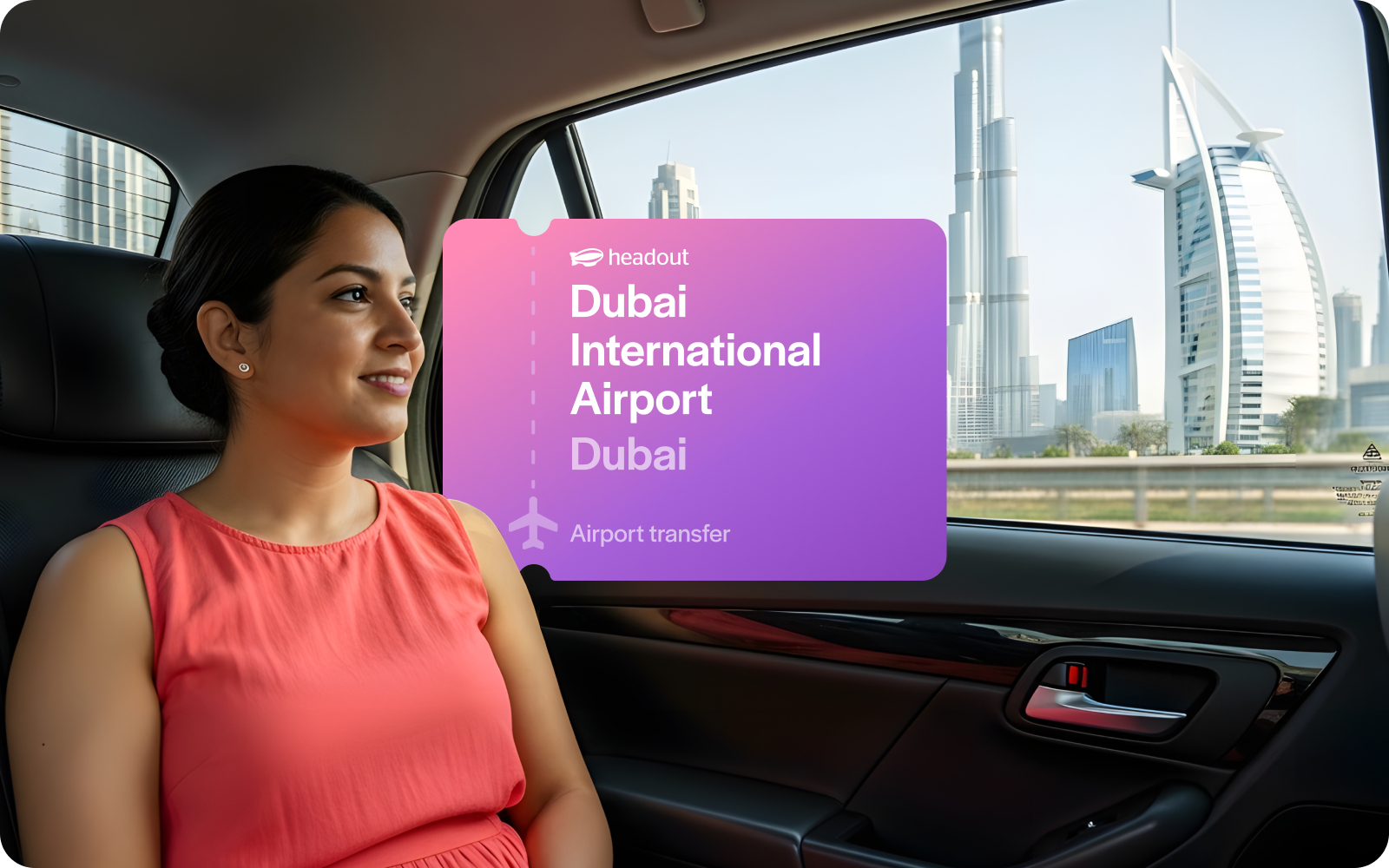 Passenger in car with view of Burj Khalifa and Burj Al Arab, Dubai airport transfer.