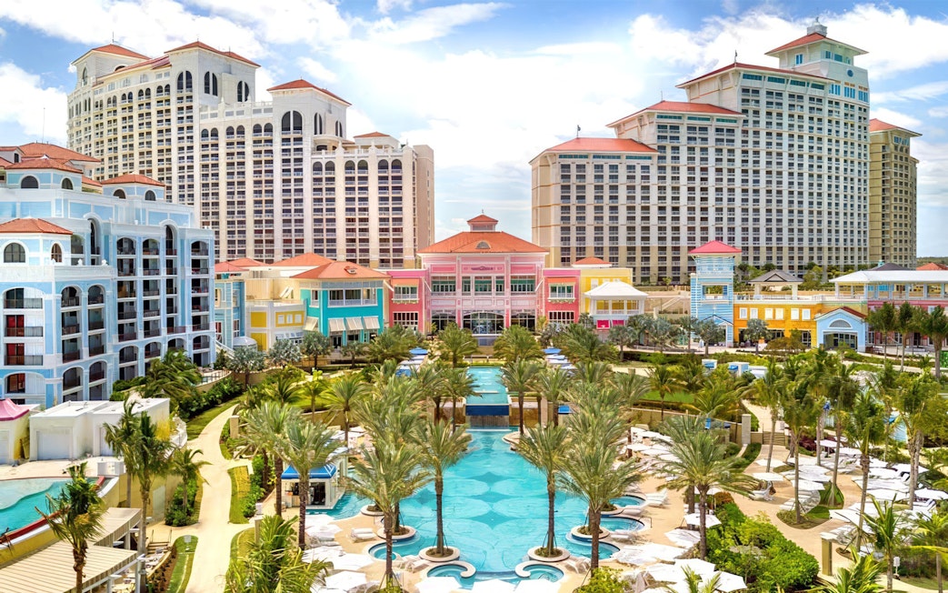 Baha Mar Waterpark with pools and colorful buildings, Nassau, Bahamas.