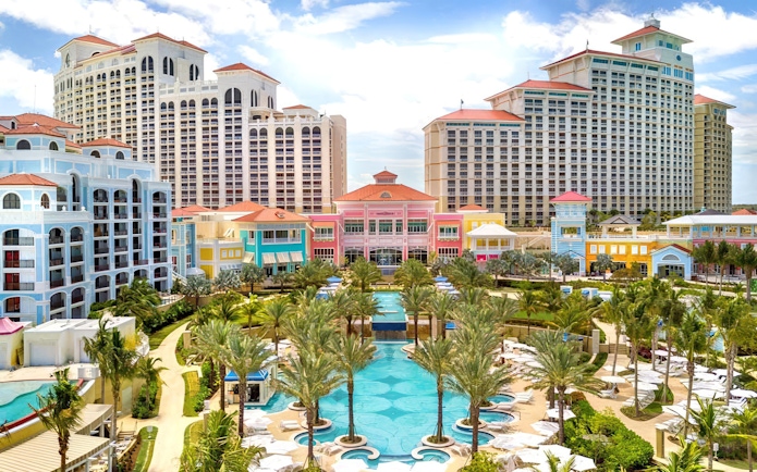 Baha Mar Waterpark with pools and colorful buildings, Nassau, Bahamas.